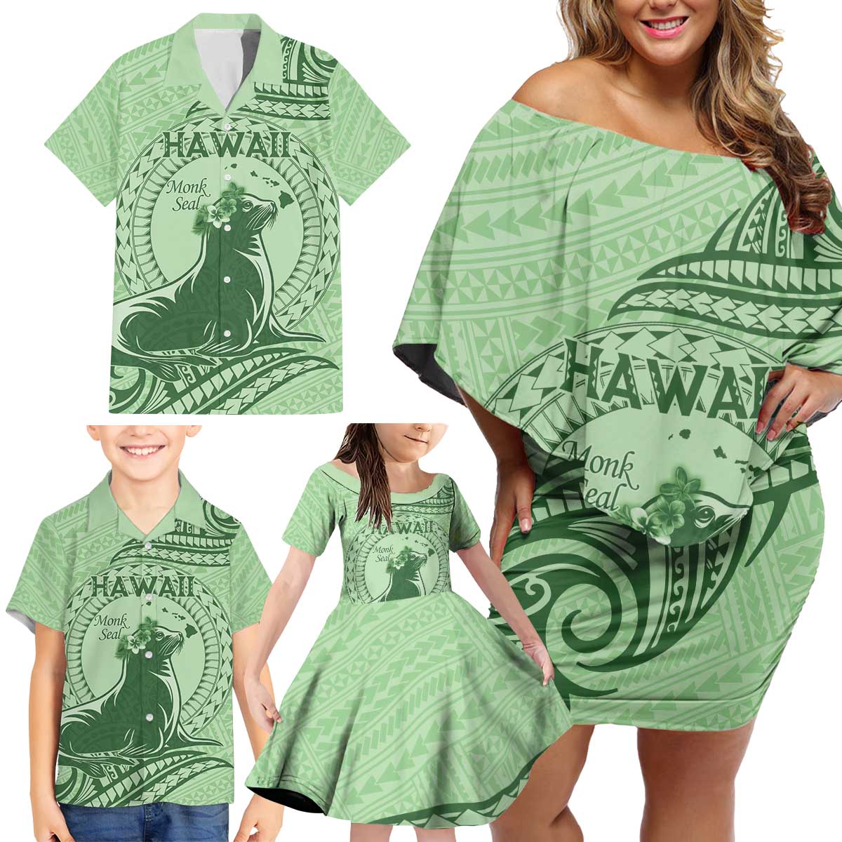 Personalised Hawaii Monk Seal Family Matching Off Shoulder Short Dress and Hawaiian Shirt Polynesian Tattoo With Tropical Flowers - Green Pastel LT14 - Polynesian Pride