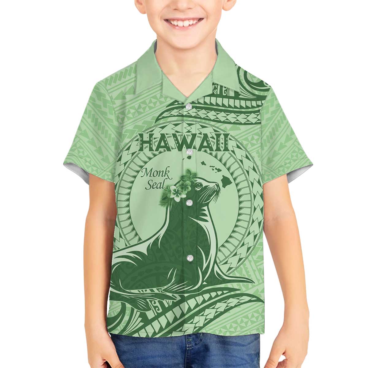 Personalised Hawaii Monk Seal Family Matching Off Shoulder Short Dress and Hawaiian Shirt Polynesian Tattoo With Tropical Flowers - Green Pastel LT14 Son's Shirt Green - Polynesian Pride