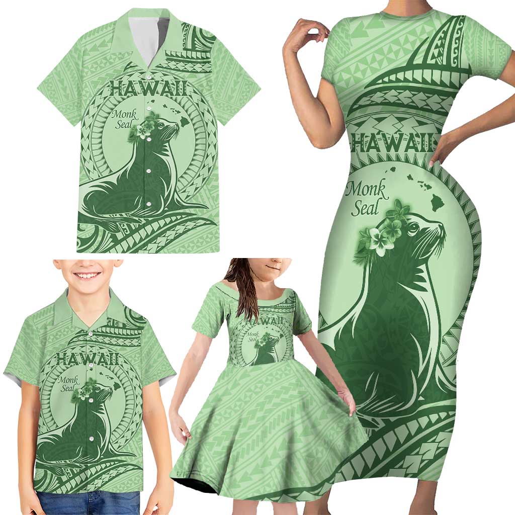 Personalised Hawaii Monk Seal Family Matching Short Sleeve Bodycon Dress and Hawaiian Shirt Polynesian Tattoo With Tropical Flowers - Green Pastel