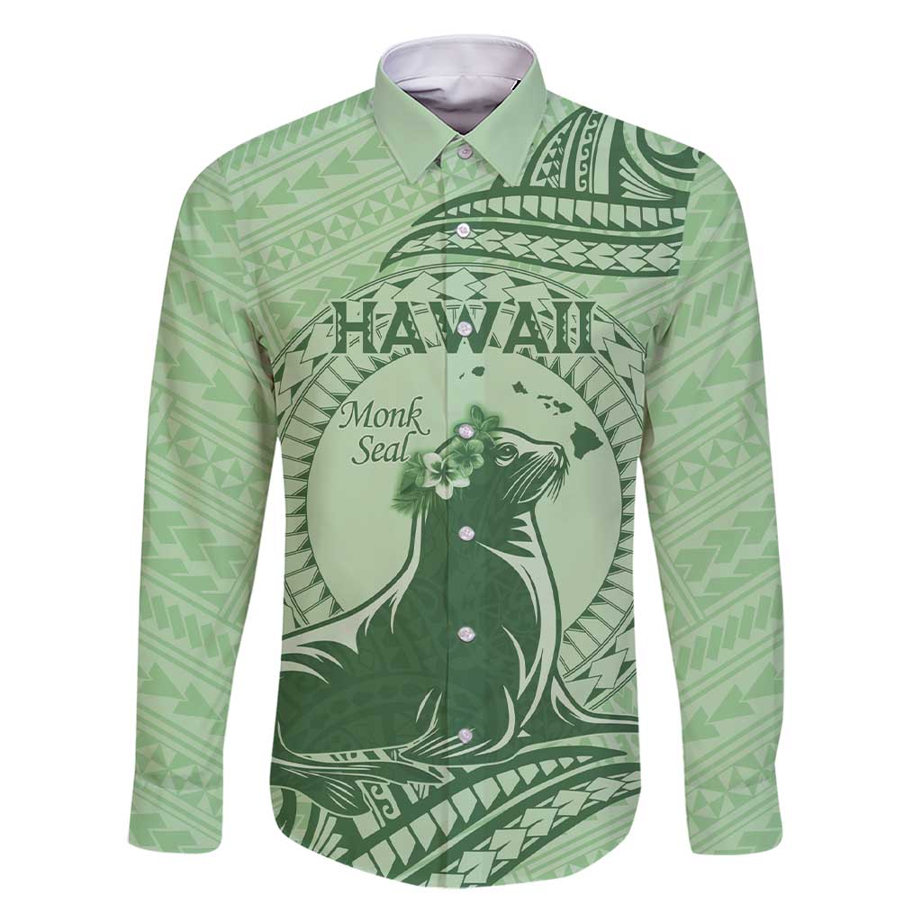 Personalised Hawaii Monk Seal Family Matching Short Sleeve Bodycon Dress and Hawaiian Shirt Polynesian Tattoo With Tropical Flowers - Green Pastel
