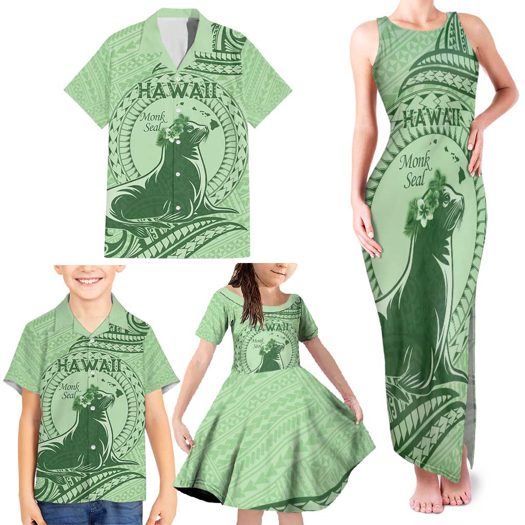 Personalised Hawaii Monk Seal Family Matching Tank Maxi Dress and Hawaiian Shirt Polynesian Tattoo With Tropical Flowers - Green Pastel