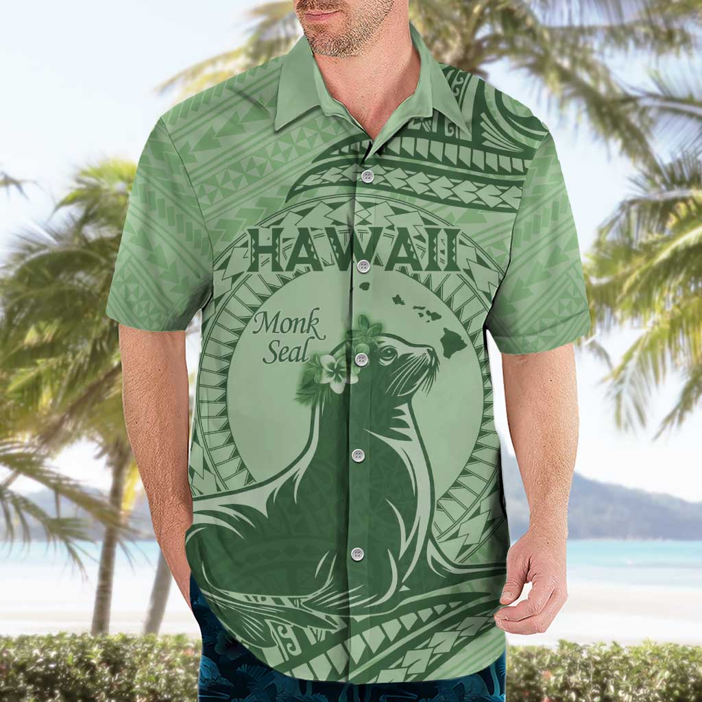 Personalised Hawaii Monk Seal Hawaiian Shirt Polynesian Tattoo With Tropical Flowers - Green Pastel LT14 - Polynesian Pride