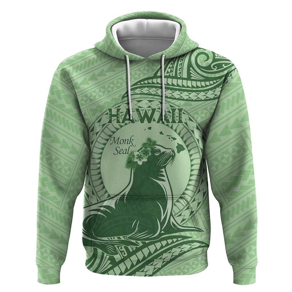 Personalised Hawaii Monk Seal Hoodie Polynesian Tattoo With Tropical Flowers - Green Pastel