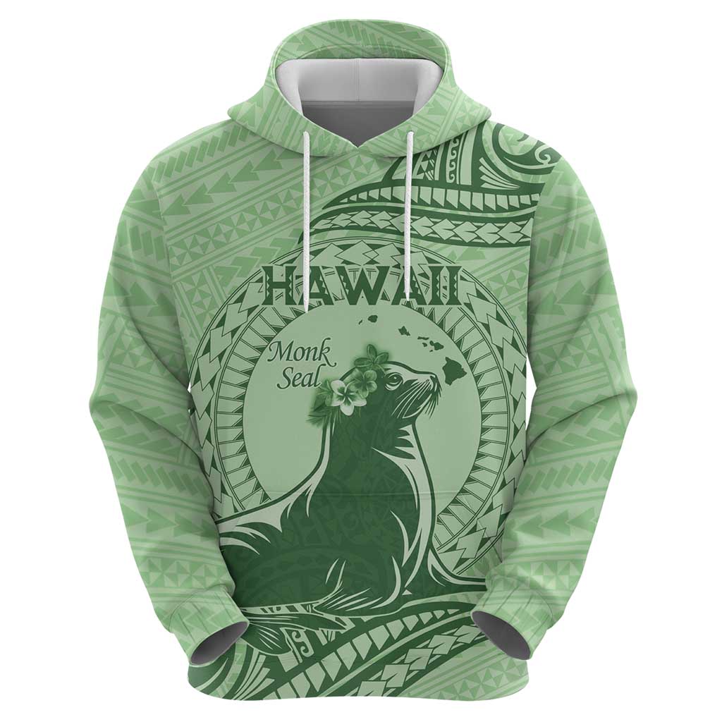 Personalised Hawaii Monk Seal Hoodie Polynesian Tattoo With Tropical Flowers - Green Pastel