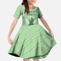 Personalised Hawaii Monk Seal Kid Short Sleeve Dress Polynesian Tattoo With Tropical Flowers - Green Pastel