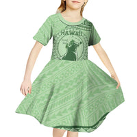 Personalised Hawaii Monk Seal Kid Short Sleeve Dress Polynesian Tattoo With Tropical Flowers - Green Pastel