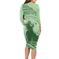 Personalised Hawaii Monk Seal Long Sleeve Bodycon Dress Polynesian Tattoo With Tropical Flowers - Green Pastel