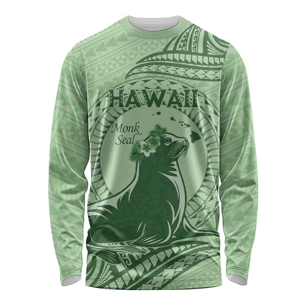 Personalised Hawaii Monk Seal Long Sleeve Shirt Polynesian Tattoo With Tropical Flowers - Green Pastel