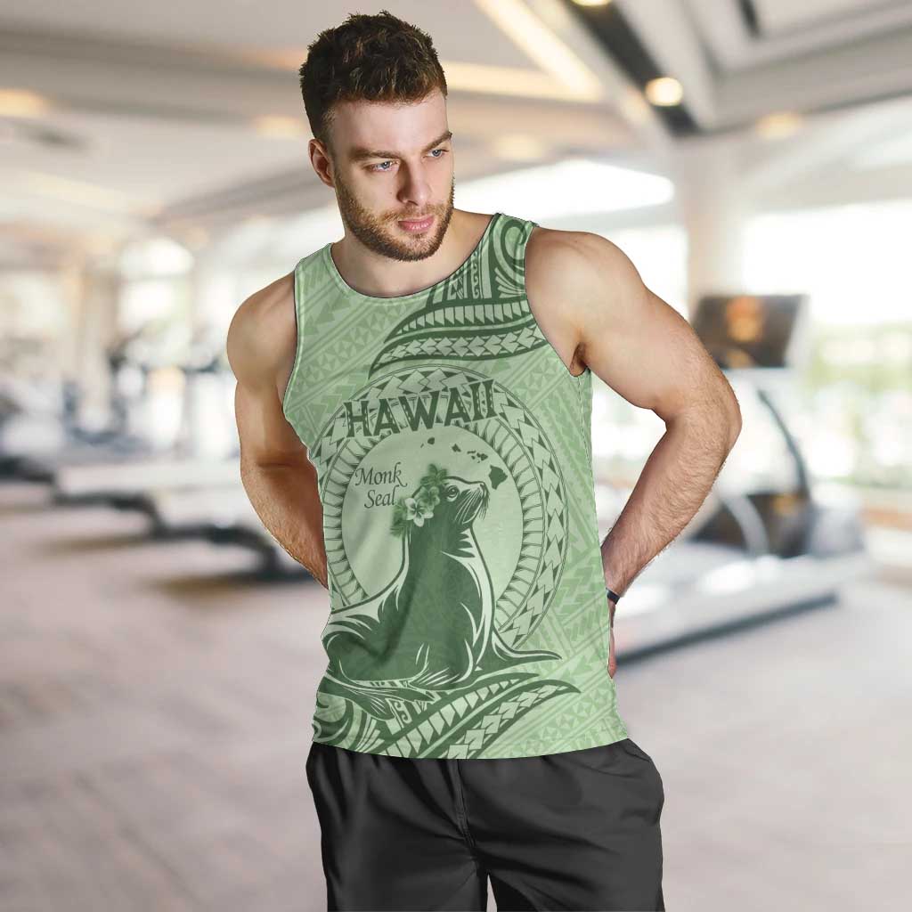 Personalised Hawaii Monk Seal Men Tank Top Polynesian Tattoo With Tropical Flowers - Green Pastel LT14 Green - Polynesian Pride