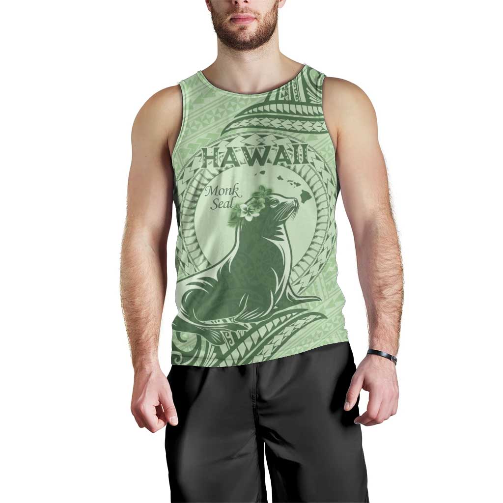 Personalised Hawaii Monk Seal Men Tank Top Polynesian Tattoo With Tropical Flowers - Green Pastel LT14 - Polynesian Pride
