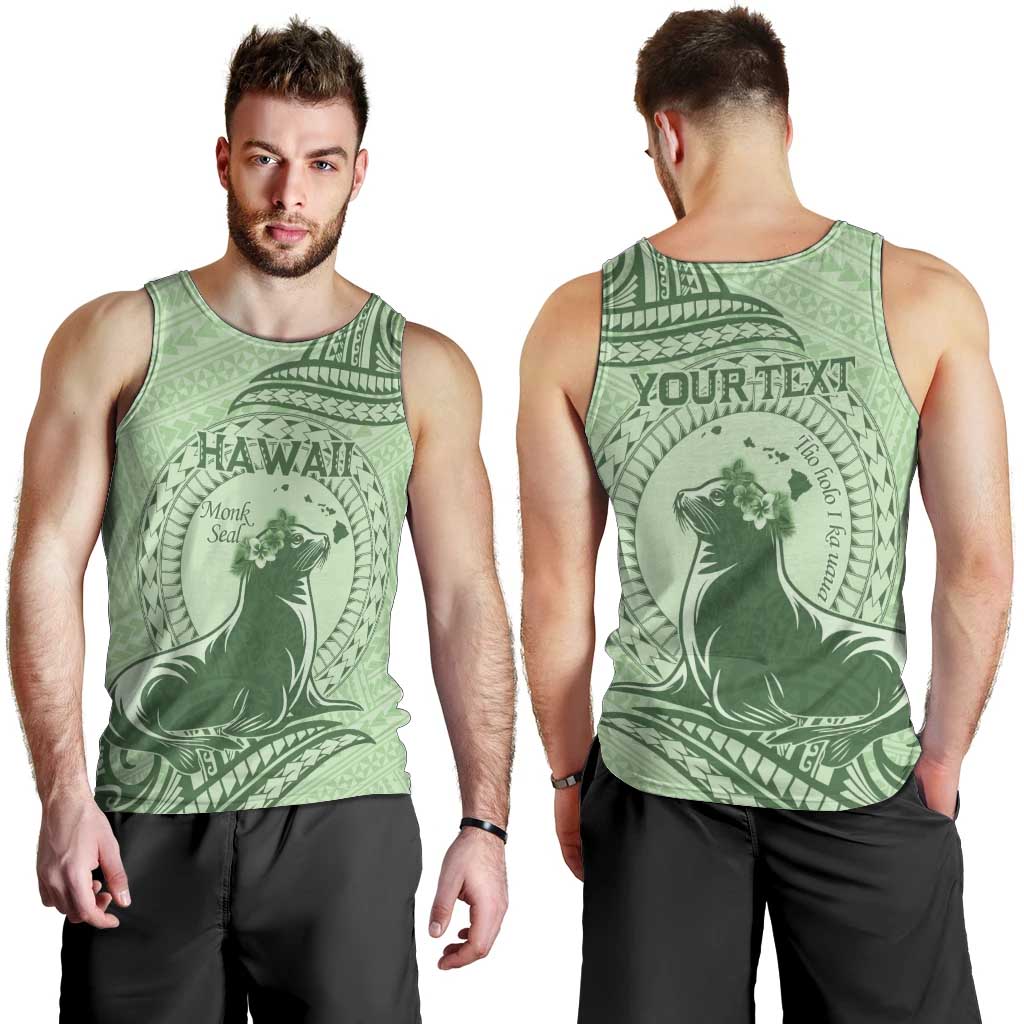 Personalised Hawaii Monk Seal Men Tank Top Polynesian Tattoo With Tropical Flowers - Green Pastel LT14 - Polynesian Pride