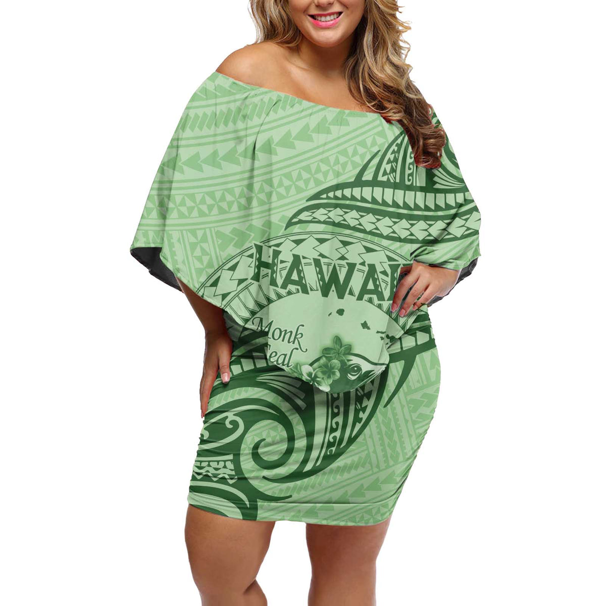 Personalised Hawaii Monk Seal Off Shoulder Short Dress Polynesian Tattoo With Tropical Flowers - Green Pastel LT14 Women Green - Polynesian Pride