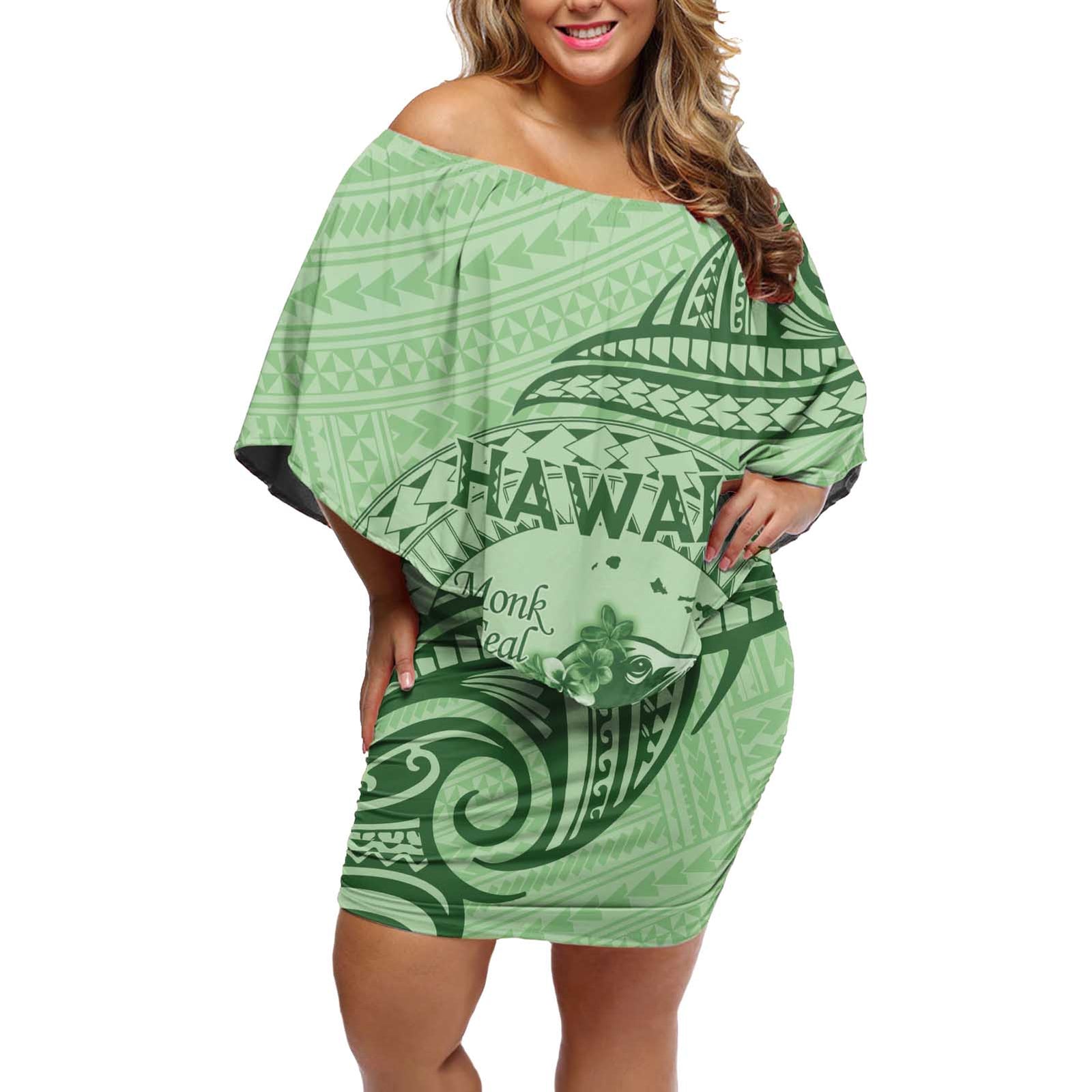 Personalised Hawaii Monk Seal Off Shoulder Short Dress Polynesian Tattoo With Tropical Flowers - Green Pastel LT14 Women Green - Polynesian Pride