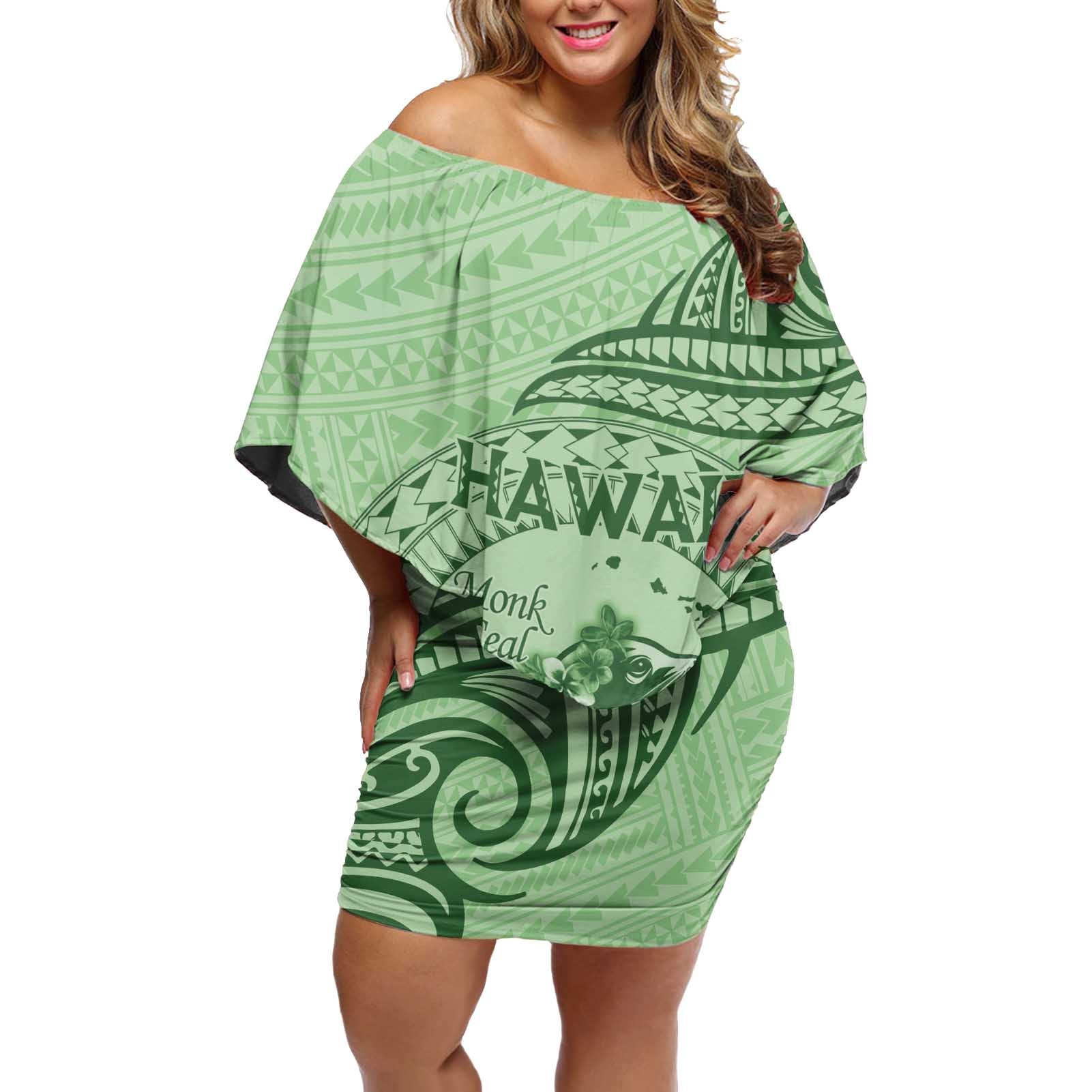 Personalised Hawaii Monk Seal Off Shoulder Short Dress Polynesian Tattoo With Tropical Flowers - Green Pastel