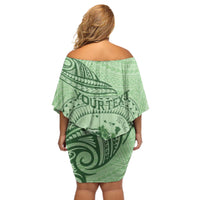 Personalised Hawaii Monk Seal Off Shoulder Short Dress Polynesian Tattoo With Tropical Flowers - Green Pastel LT14 - Polynesian Pride