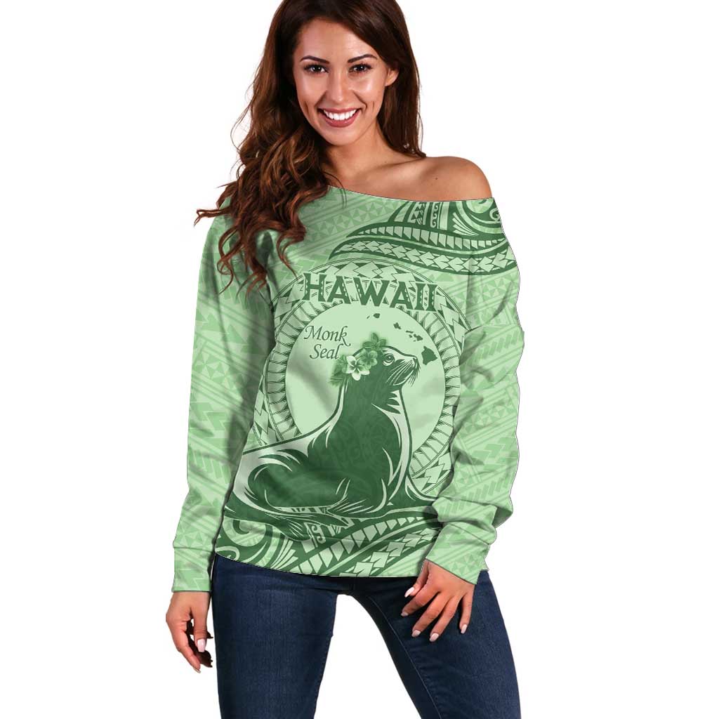 Personalised Hawaii Monk Seal Off Shoulder Sweater Polynesian Tattoo With Tropical Flowers - Green Pastel