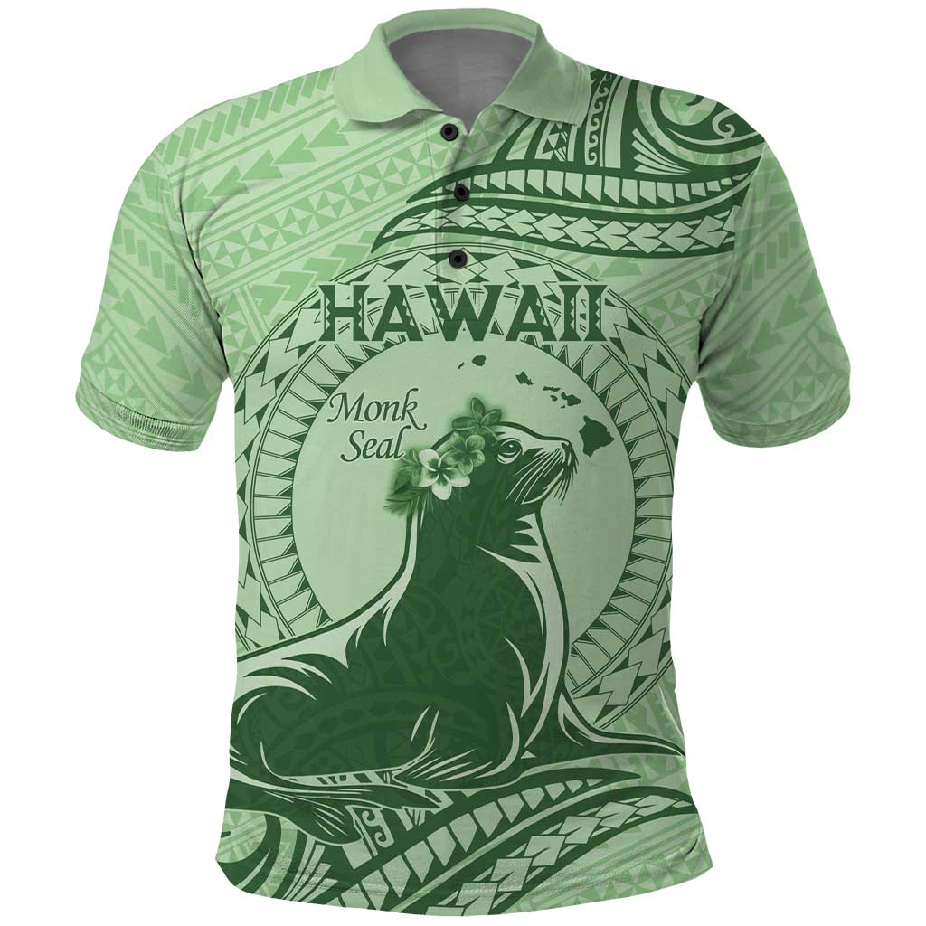 Personalised Hawaii Monk Seal Polo Shirt Polynesian Tattoo With Tropical Flowers - Green Pastel