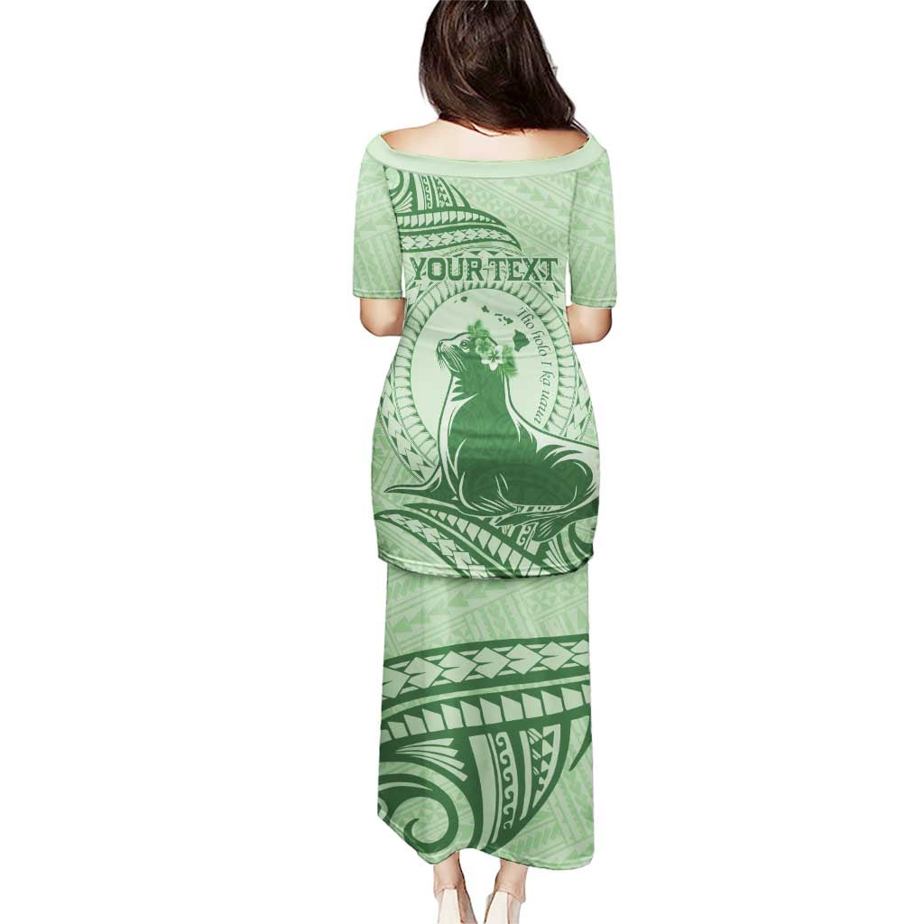 Personalised Hawaii Monk Seal Puletasi Polynesian Tattoo With Tropical Flowers - Green Pastel LT14 - Polynesian Pride