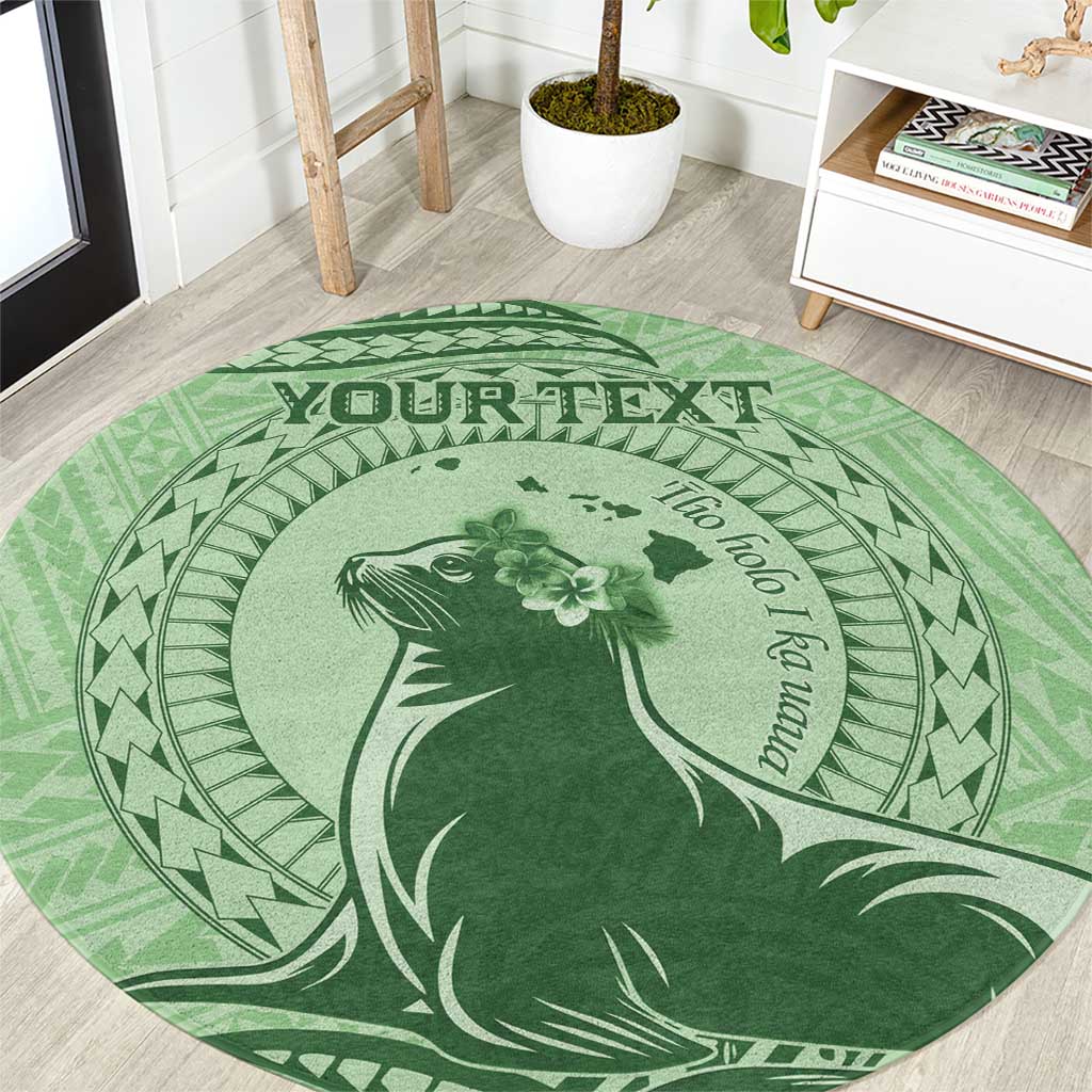 Personalised Hawaii Monk Seal Round Carpet Polynesian Tattoo With Tropical Flowers - Green Pastel