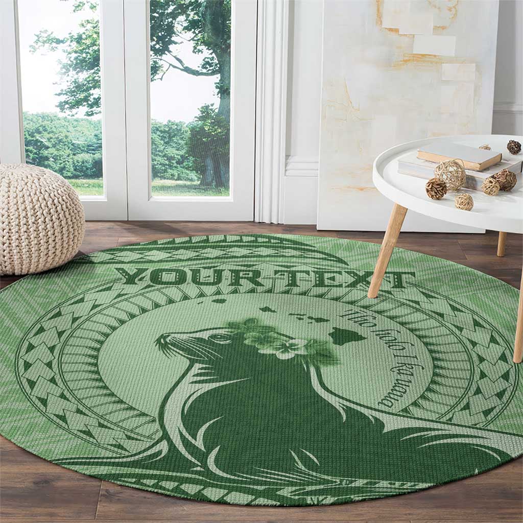 Personalised Hawaii Monk Seal Round Carpet Polynesian Tattoo With Tropical Flowers - Green Pastel