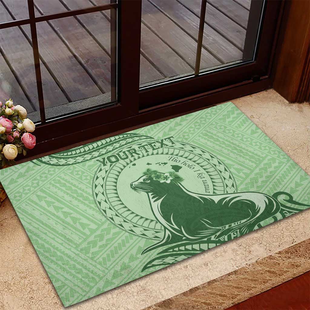 Personalised Hawaii Monk Seal Rubber Doormat Polynesian Tattoo With Tropical Flowers - Green Pastel LT14 - Polynesian Pride