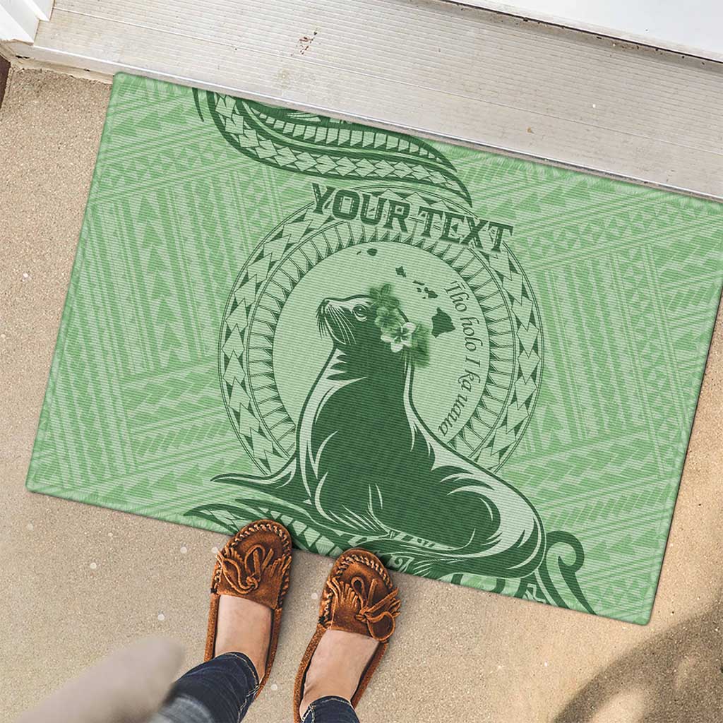 Personalised Hawaii Monk Seal Rubber Doormat Polynesian Tattoo With Tropical Flowers - Green Pastel LT14 - Polynesian Pride