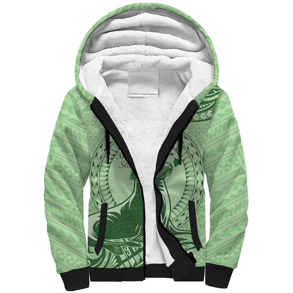 Personalised Hawaii Monk Seal Sherpa Hoodie Polynesian Tattoo With Tropical Flowers - Green Pastel