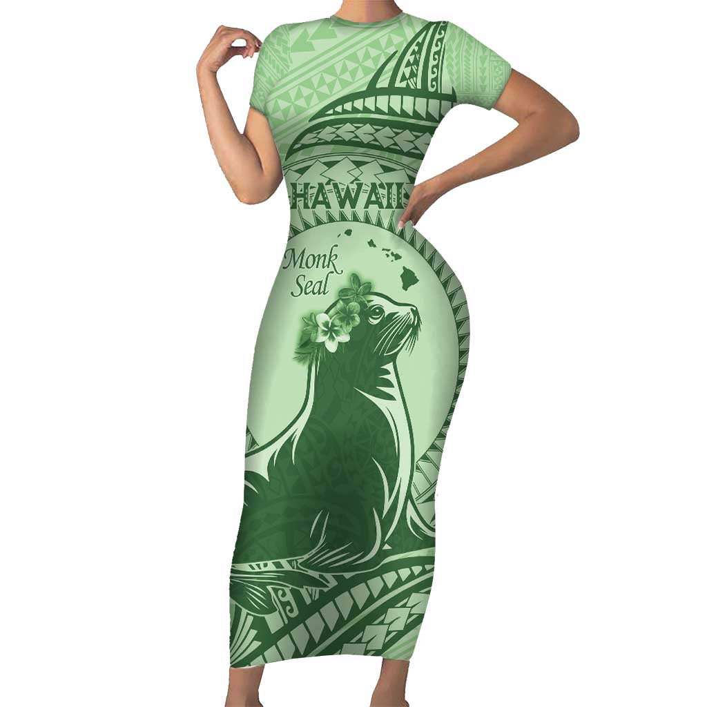 Personalised Hawaii Monk Seal Short Sleeve Bodycon Dress Polynesian Tattoo With Tropical Flowers - Green Pastel