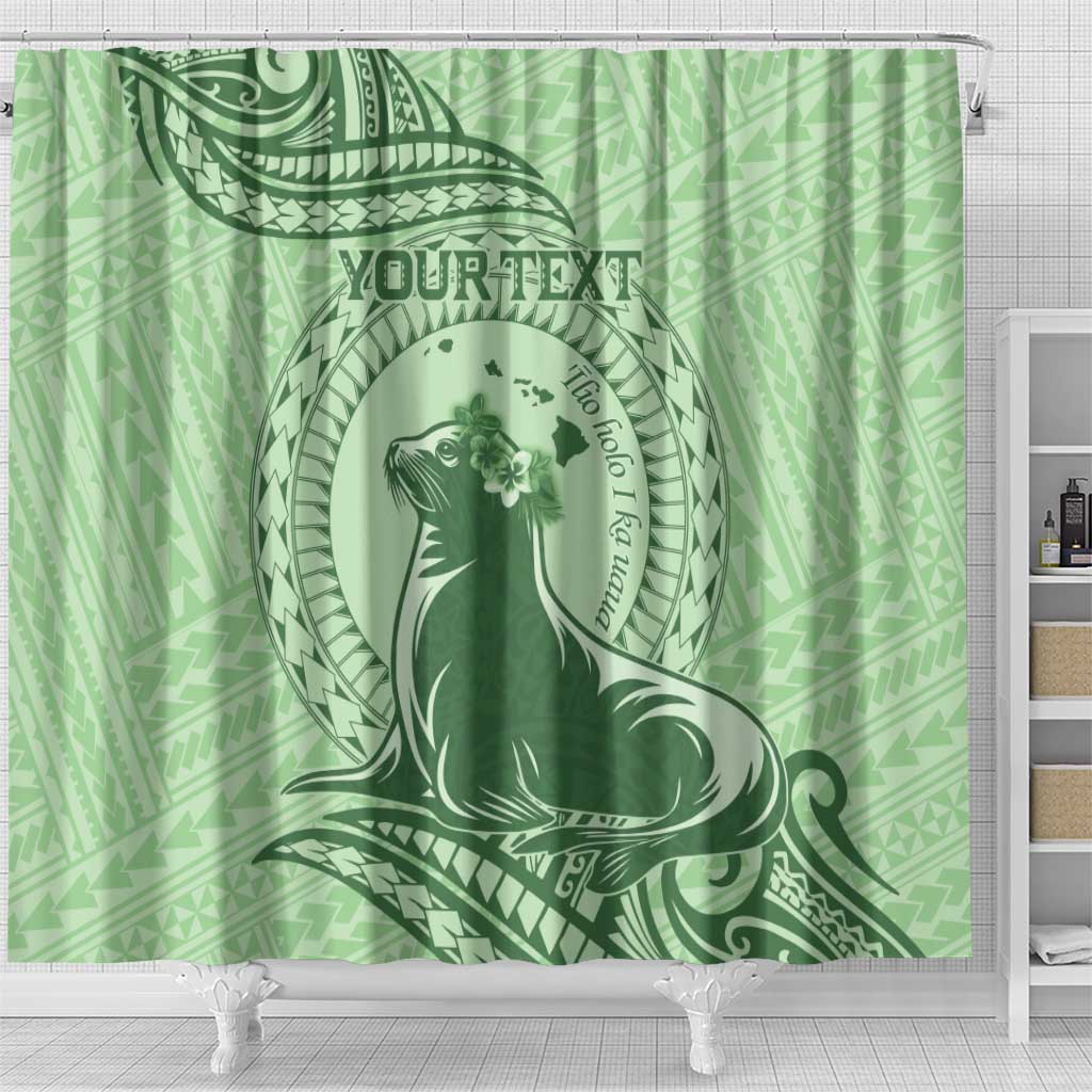 Personalised Hawaii Monk Seal Shower Curtain Polynesian Tattoo With Tropical Flowers - Green Pastel