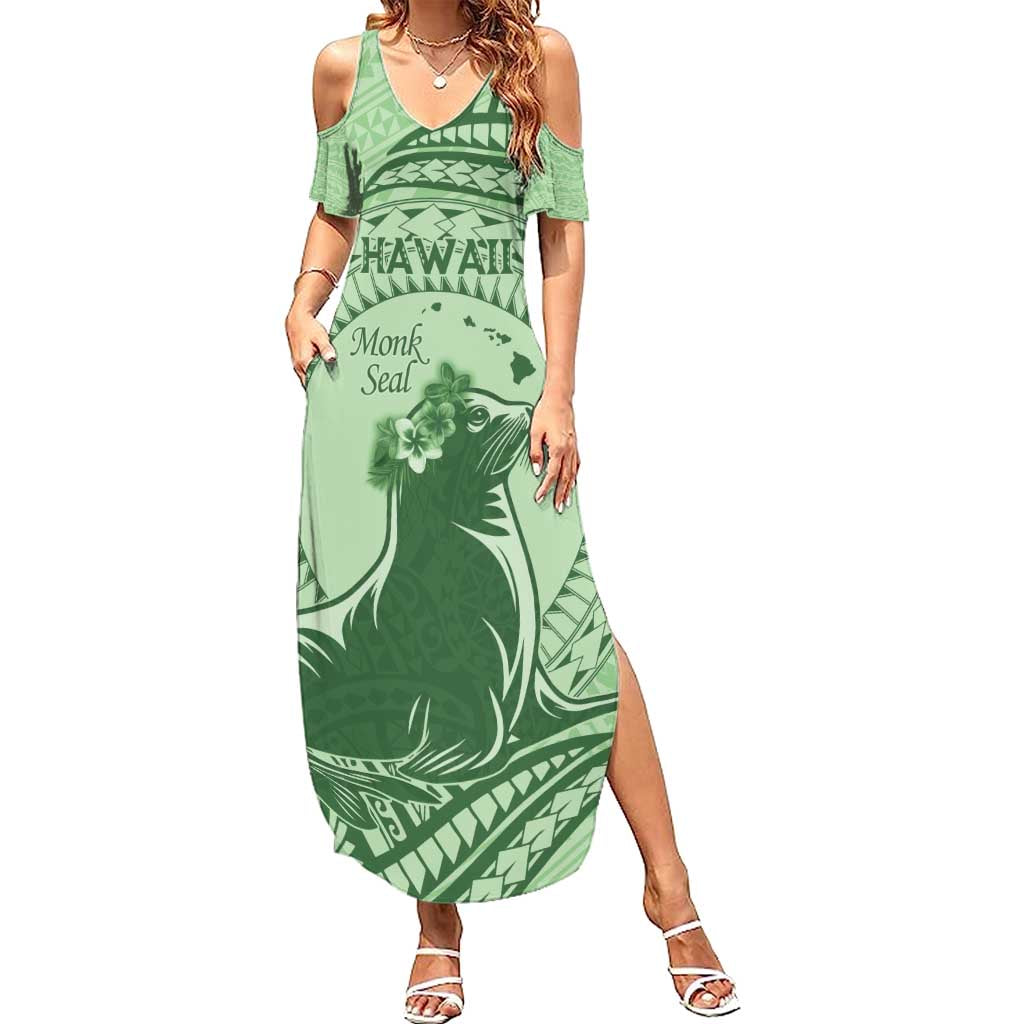 Personalised Hawaii Monk Seal Summer Maxi Dress Polynesian Tattoo With Tropical Flowers - Green Pastel