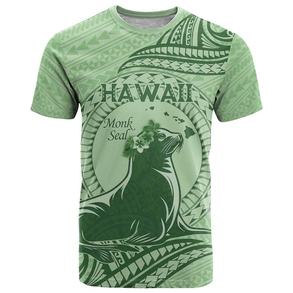 Personalised Hawaii Monk Seal T Shirt Polynesian Tattoo With Tropical Flowers - Green Pastel