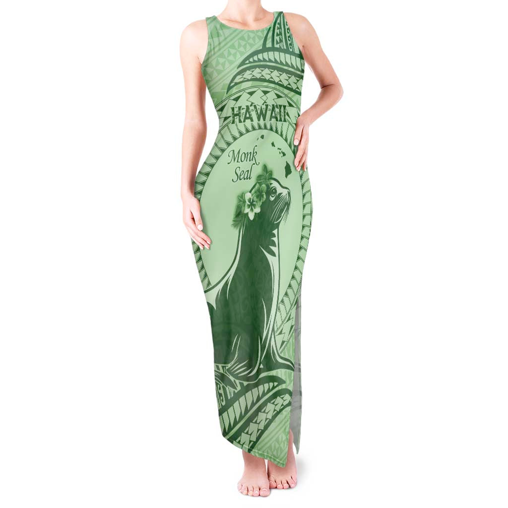 Personalised Hawaii Monk Seal Tank Maxi Dress Polynesian Tattoo With Tropical Flowers - Green Pastel