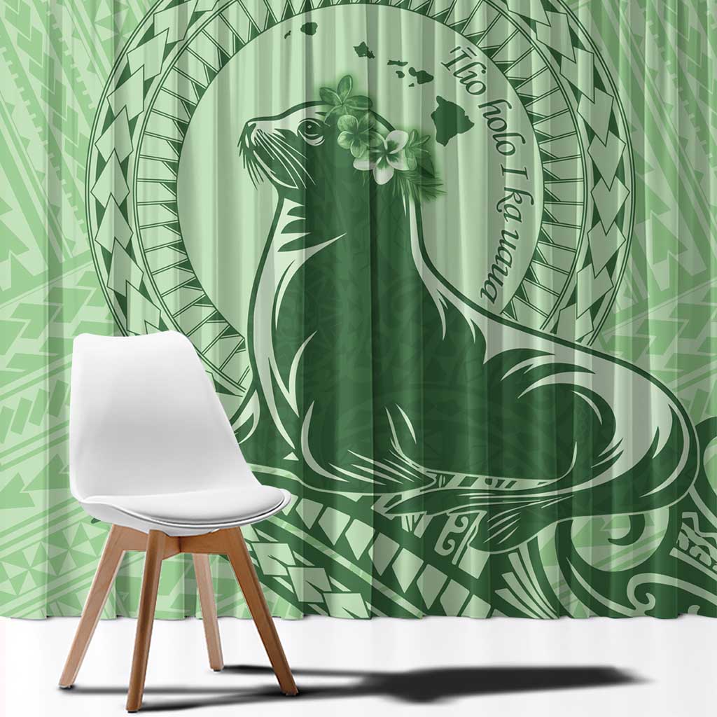 Personalised Hawaii Monk Seal Window Curtain Polynesian Tattoo With Tropical Flowers - Green Pastel LT14 - Polynesian Pride