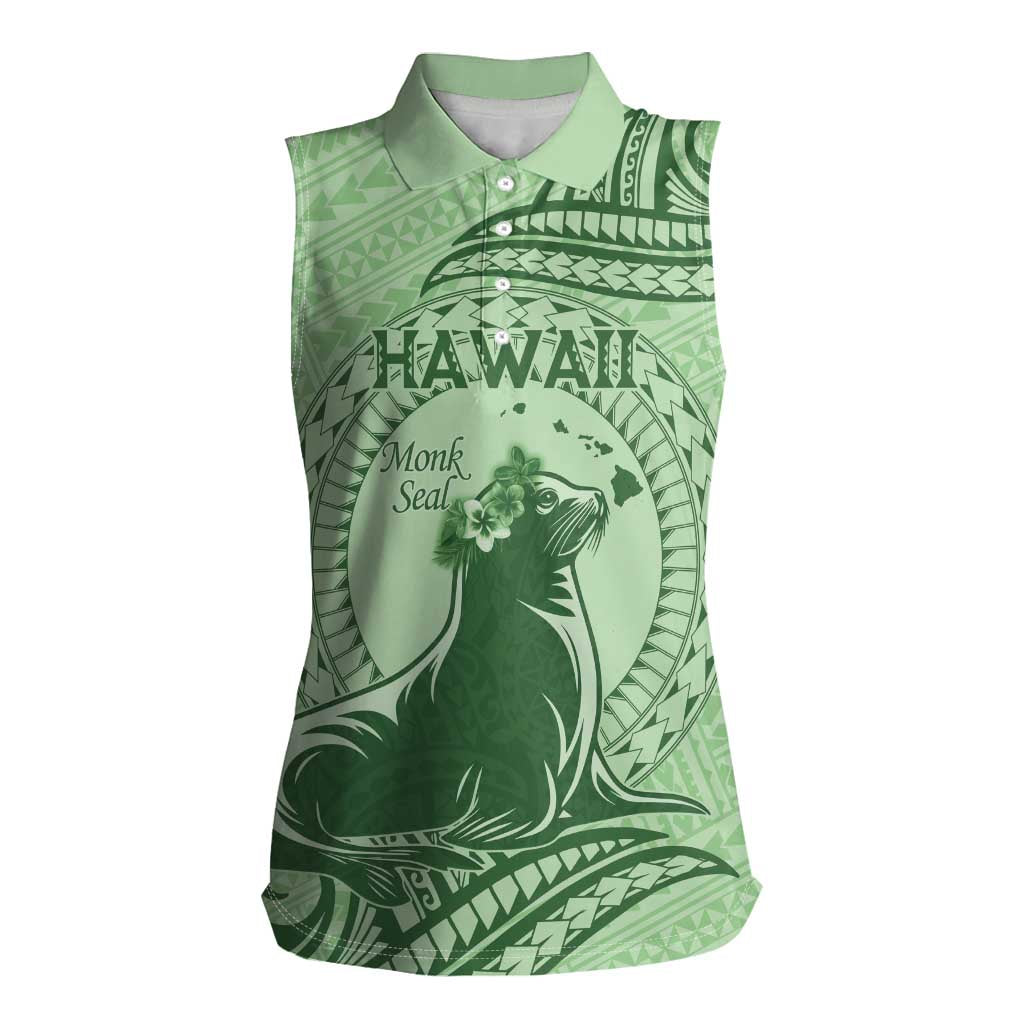 Personalised Hawaii Monk Seal Women Sleeveless Polo Shirt Polynesian Tattoo With Tropical Flowers - Green Pastel