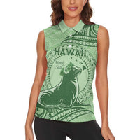 Personalised Hawaii Monk Seal Women Sleeveless Polo Shirt Polynesian Tattoo With Tropical Flowers - Green Pastel
