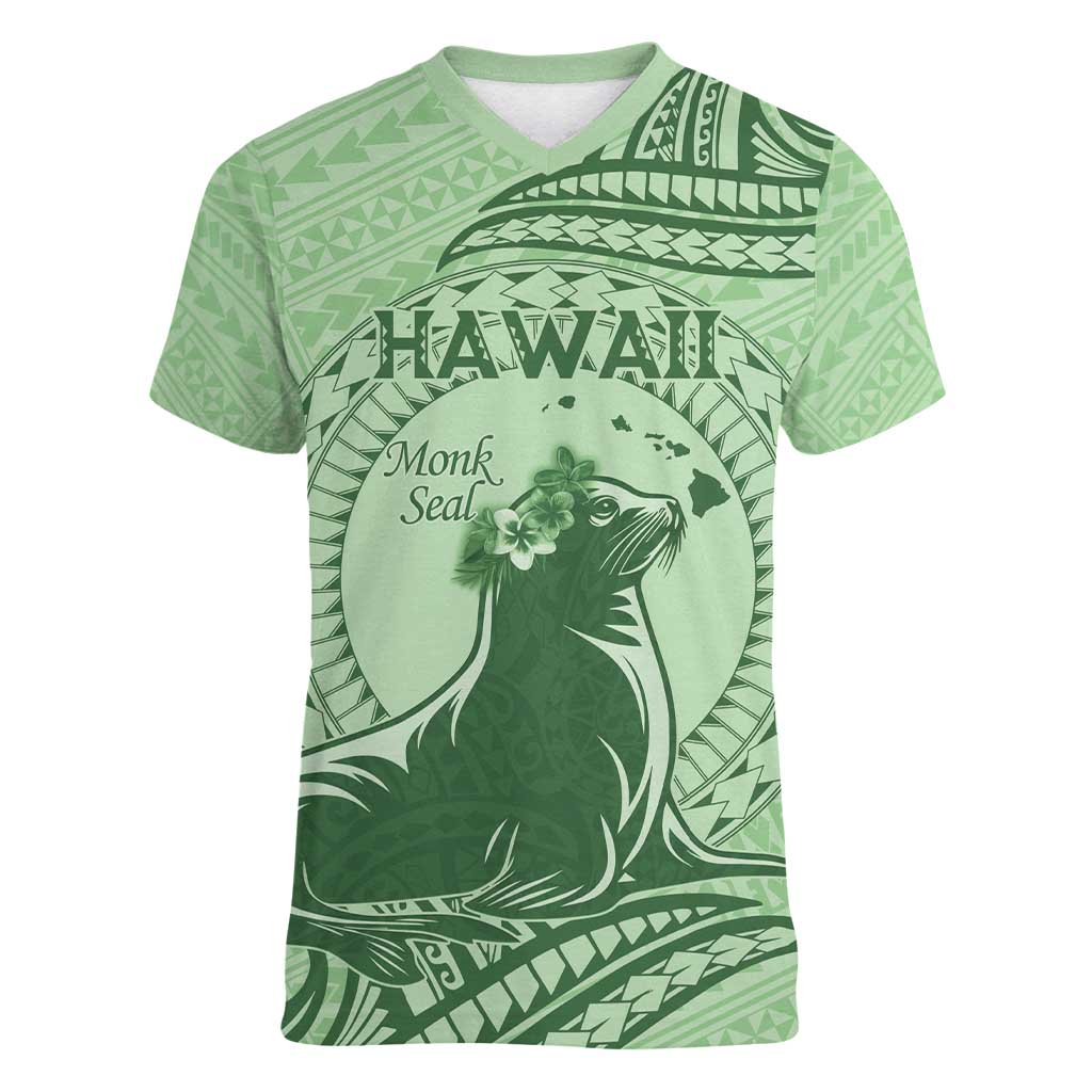 Personalised Hawaii Monk Seal Women V-Neck T-Shirt Polynesian Tattoo With Tropical Flowers - Green Pastel