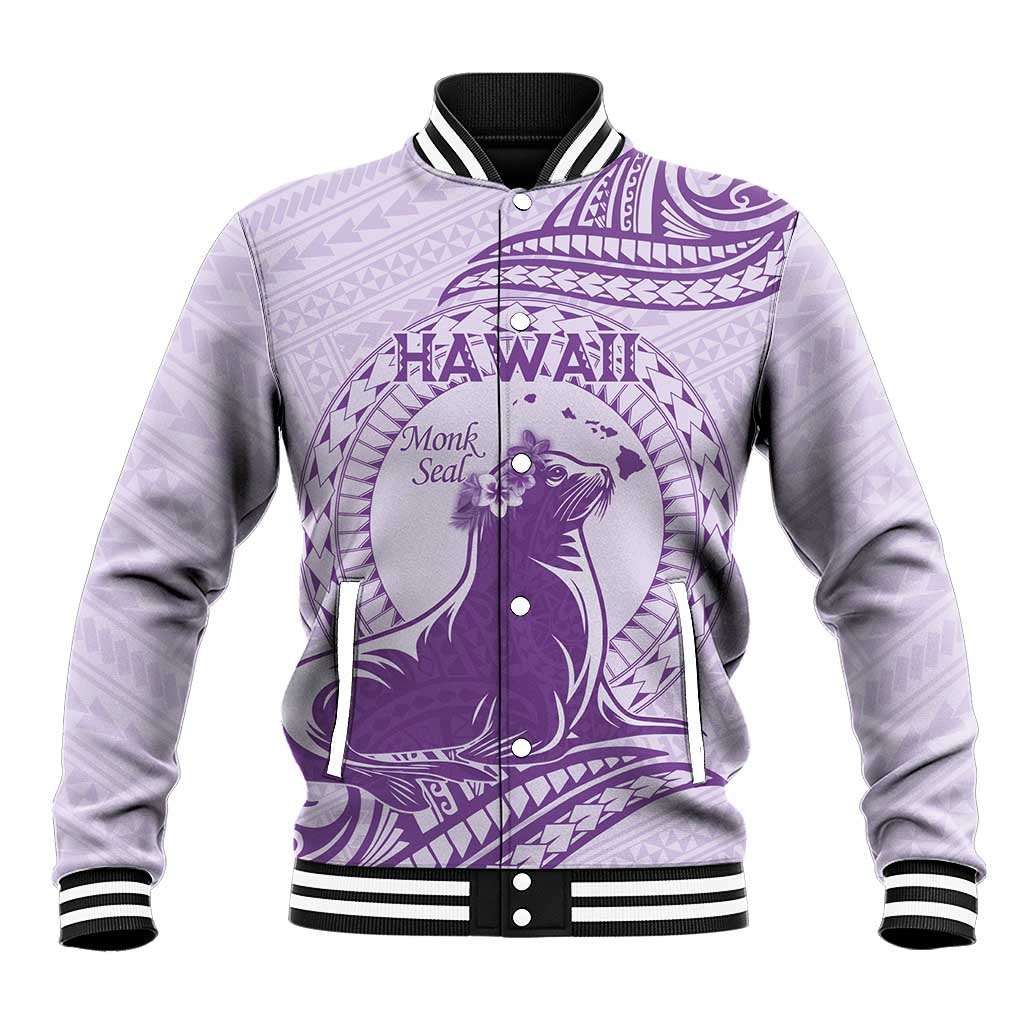 Personalised Hawaii Monk Seal Baseball Jacket Polynesian Tattoo With Tropical Flowers - Purple Pastel