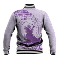 Personalised Hawaii Monk Seal Baseball Jacket Polynesian Tattoo With Tropical Flowers - Purple Pastel LT14 - Polynesian Pride