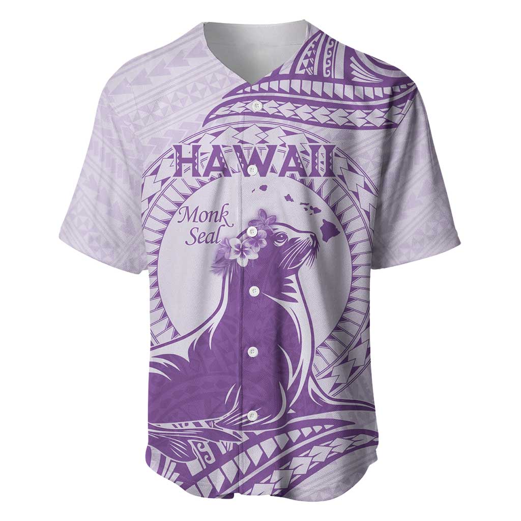 Personalised Hawaii Monk Seal Baseball Jersey Polynesian Tattoo With Tropical Flowers - Purple Pastel