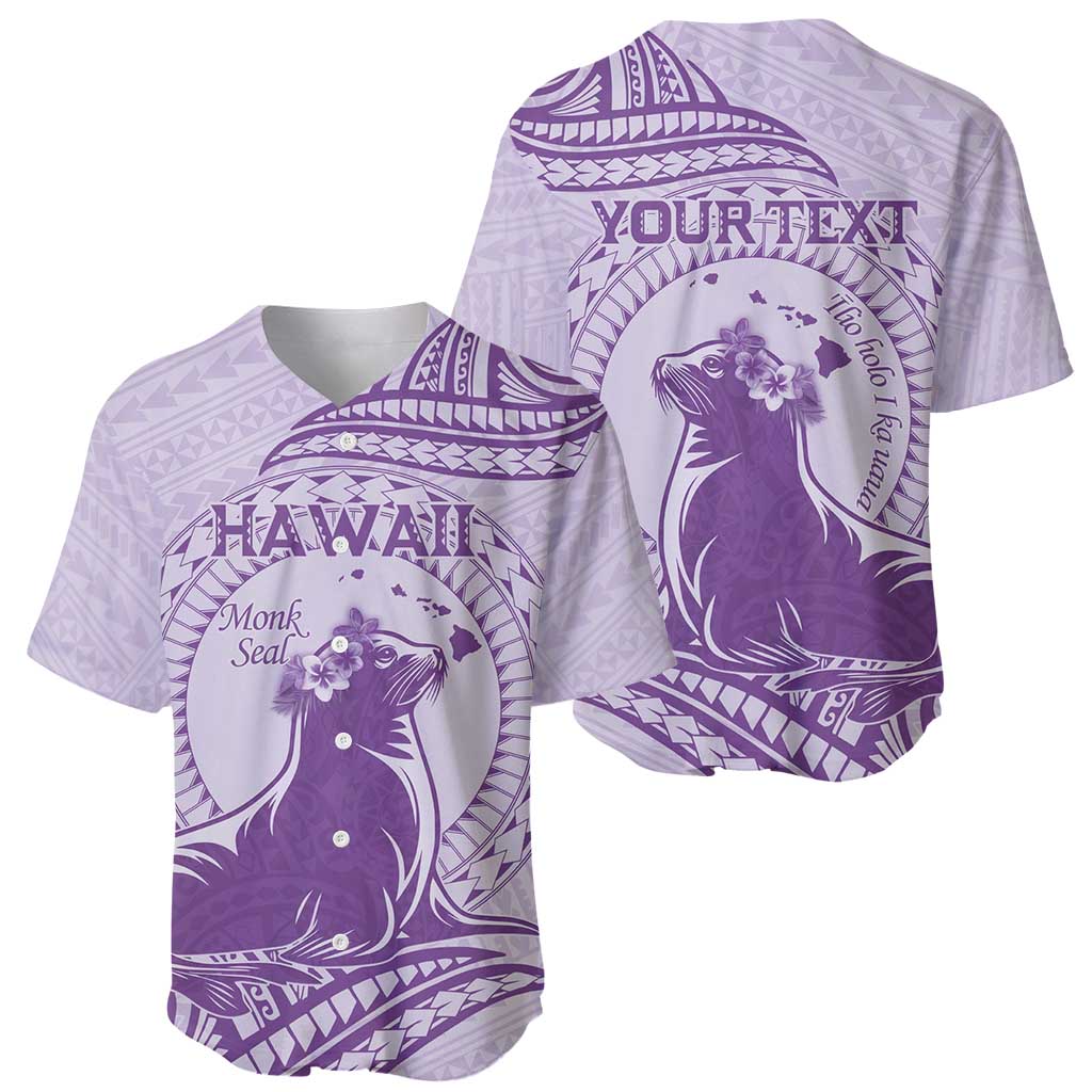 Personalised Hawaii Monk Seal Baseball Jersey Polynesian Tattoo With Tropical Flowers - Purple Pastel