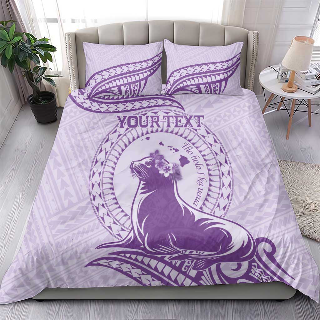 Personalised Hawaii Monk Seal Bedding Set Polynesian Tattoo With Tropical Flowers - Purple Pastel