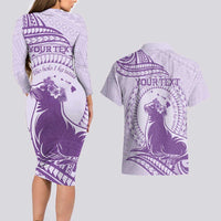 Personalised Hawaii Monk Seal Couples Matching Long Sleeve Bodycon Dress and Hawaiian Shirt Polynesian Tattoo With Tropical Flowers - Purple Pastel