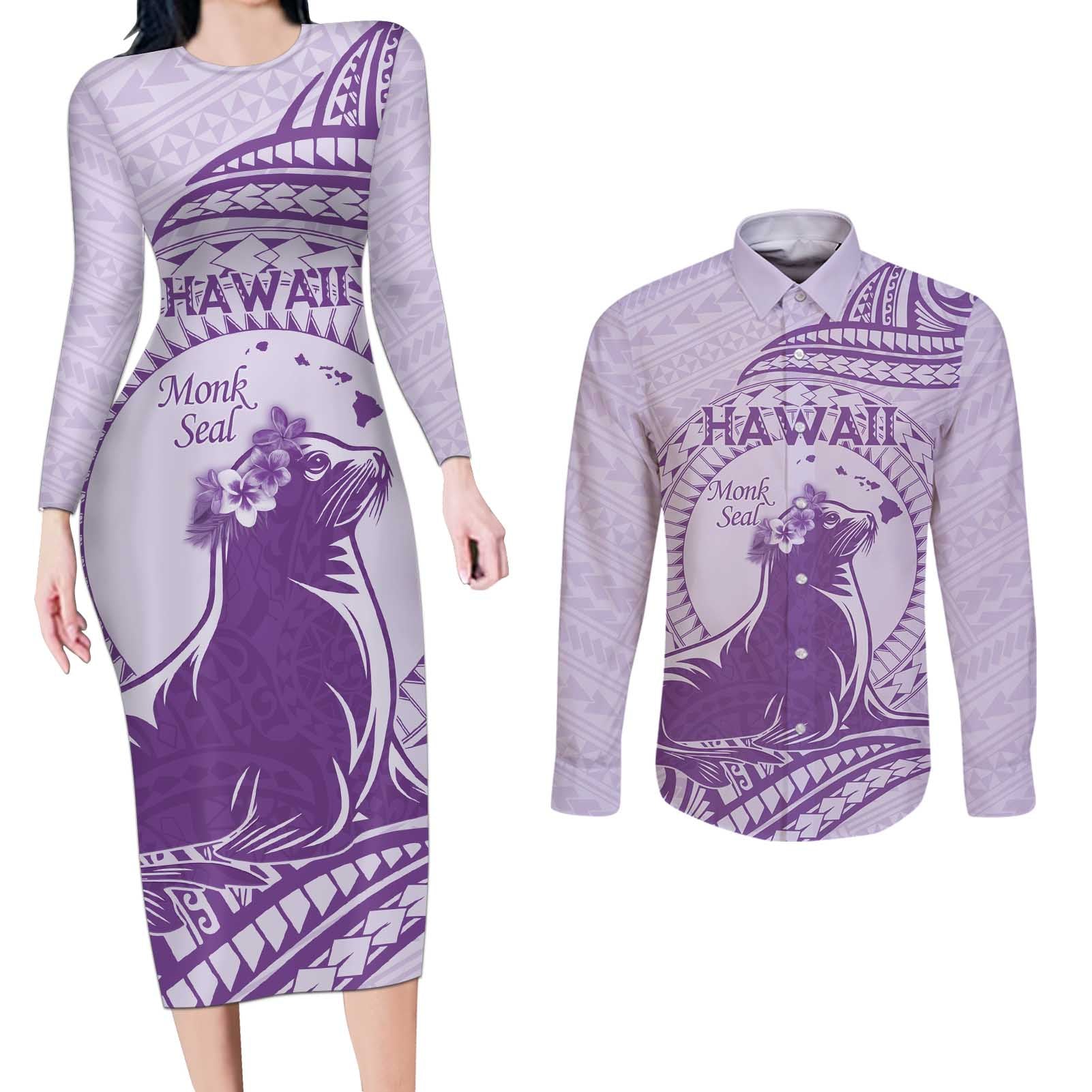 Personalised Hawaii Monk Seal Couples Matching Long Sleeve Bodycon Dress and Long Sleeve Button Shirt Polynesian Tattoo With Tropical Flowers - Purple Pastel