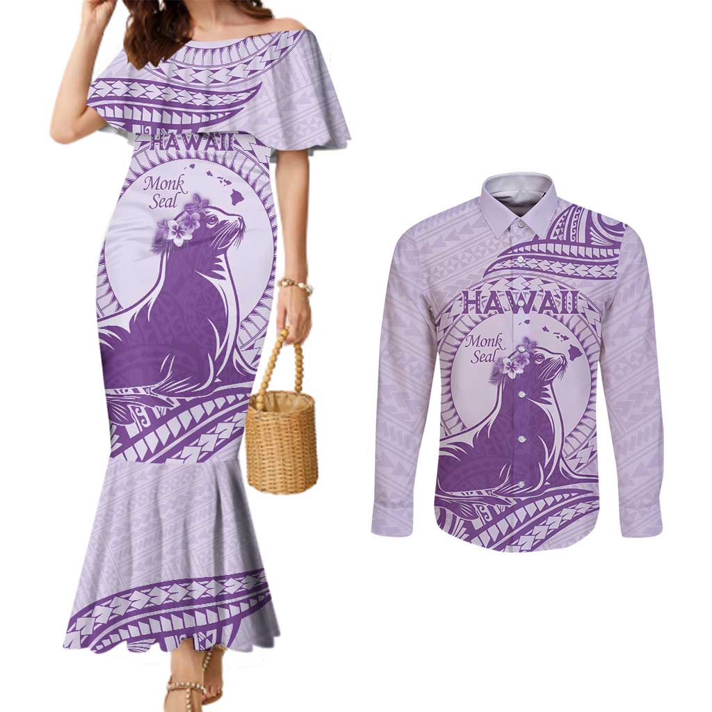Personalised Hawaii Monk Seal Couples Matching Mermaid Dress and Long Sleeve Button Shirt Polynesian Tattoo With Tropical Flowers - Purple Pastel LT14 Purple - Polynesian Pride