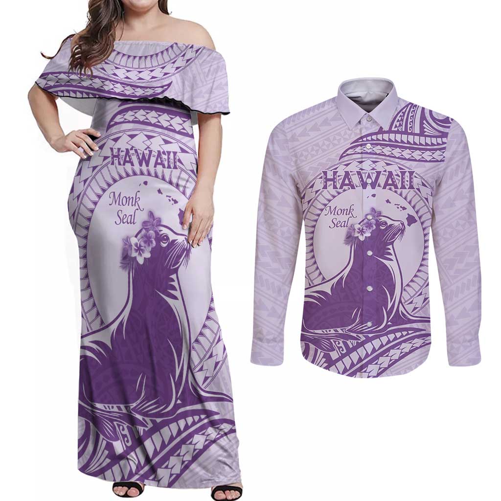 Personalised Hawaii Monk Seal Couples Matching Off Shoulder Maxi Dress and Long Sleeve Button Shirt Polynesian Tattoo With Tropical Flowers - Purple Pastel