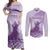 Personalised Hawaii Monk Seal Couples Matching Off Shoulder Maxi Dress and Long Sleeve Button Shirt Polynesian Tattoo With Tropical Flowers - Purple Pastel