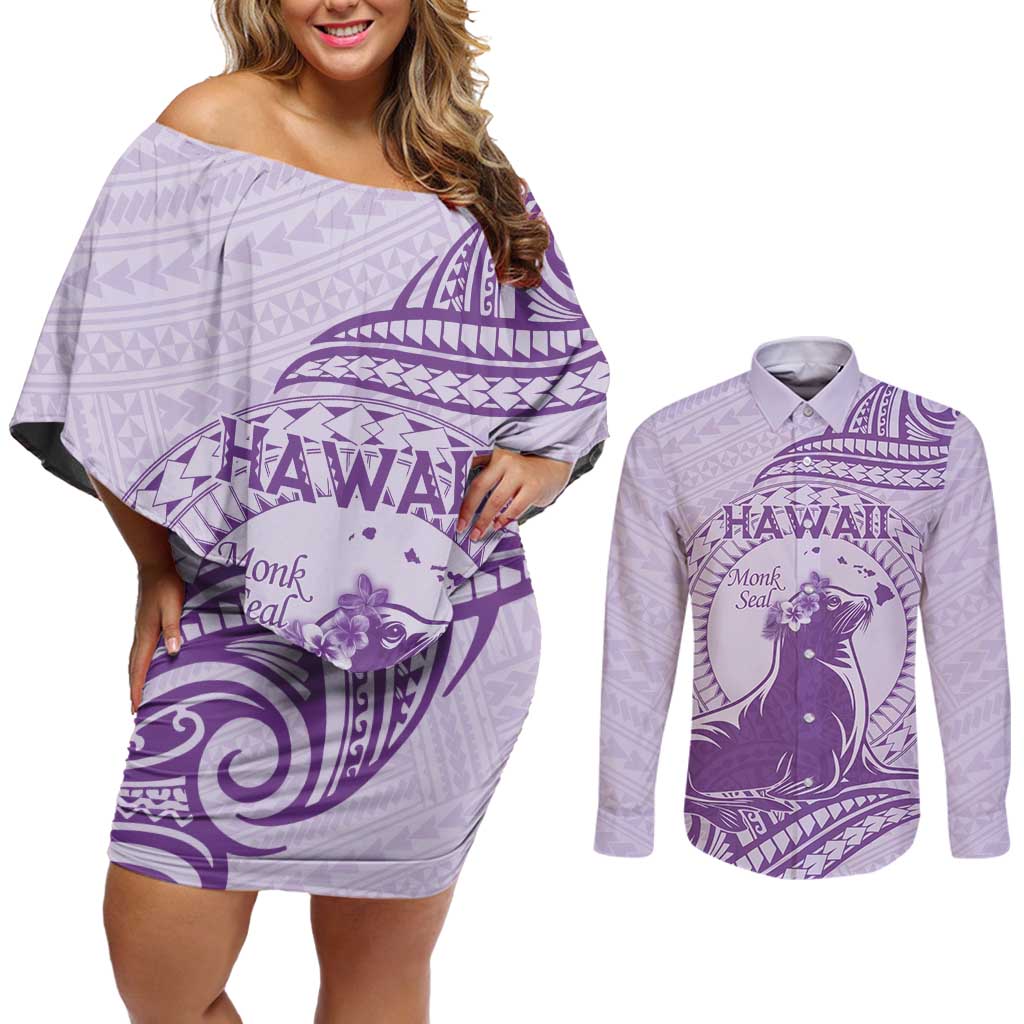 Personalised Hawaii Monk Seal Couples Matching Off Shoulder Short Dress and Long Sleeve Button Shirt Polynesian Tattoo With Tropical Flowers - Purple Pastel