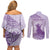 Personalised Hawaii Monk Seal Couples Matching Off Shoulder Short Dress and Long Sleeve Button Shirt Polynesian Tattoo With Tropical Flowers - Purple Pastel