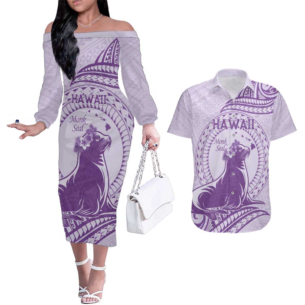 Personalised Hawaii Monk Seal Couples Matching Off The Shoulder Long Sleeve Dress and Hawaiian Shirt Polynesian Tattoo With Tropical Flowers - Purple Pastel LT14 Purple - Polynesian Pride