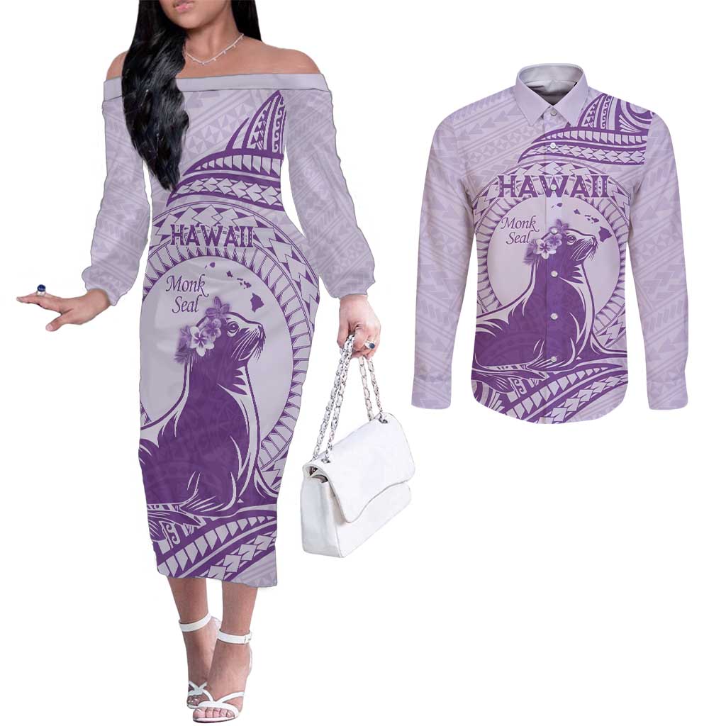 Personalised Hawaii Monk Seal Couples Matching Off The Shoulder Long Sleeve Dress and Long Sleeve Button Shirt Polynesian Tattoo With Tropical Flowers - Purple Pastel